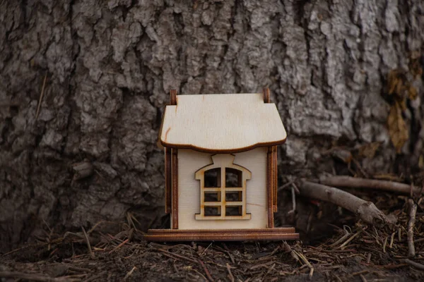 Una pequeña casa de madera se encuentra cerca de un tronco de árbol — Foto de Stock