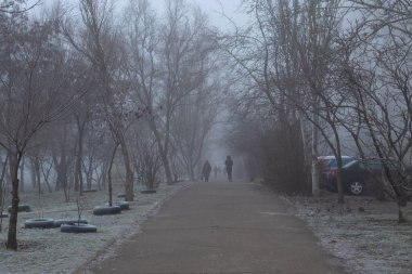 Dnipro, Ukrayna - 21 Ocak 2020 'de sisli insanlar sabah saatlerinde ağaçlar boyunca bir robotla Ukrayna' nın Dinyeper kentlerine gidiyorlar.