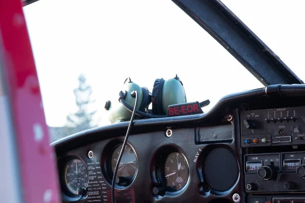 Small red airplane pilot's cabin on a sunny day — 스톡 사진