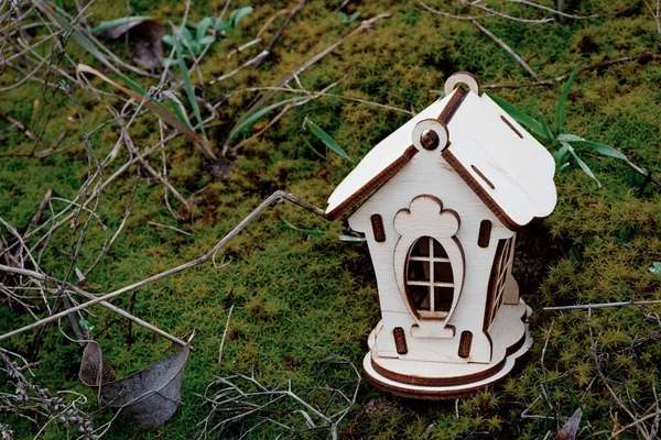 Pequeña casa de madera en la hierba con musgo se levanta en la tarde — Foto de Stock