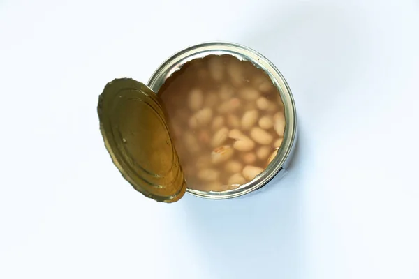 Tin can with white beans top view — Stock Photo, Image