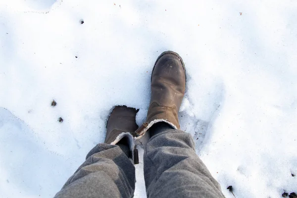 Botas Marrones Mujer Nieve Día Soleado —  Fotos de Stock