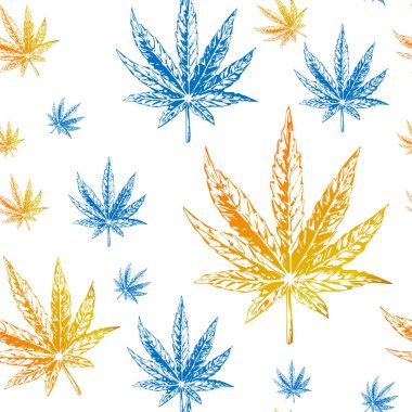 Mavi ve sarı kenevir yaprakları beyaz üzerinde pürüzsüz desen