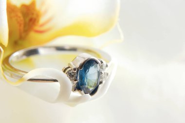 Elmaslı beyaz altın yüzük çiçek açmış bir orkide fotografında yatıyor.