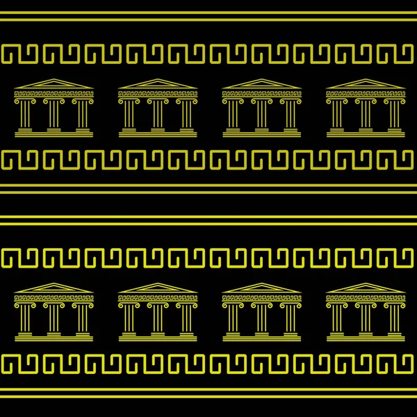黑暗背景下的希腊黄色建筑无缝图案 — 图库矢量图片