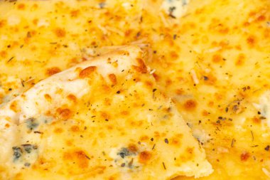 Piknikte bir kutuda dört peynirli pizza.