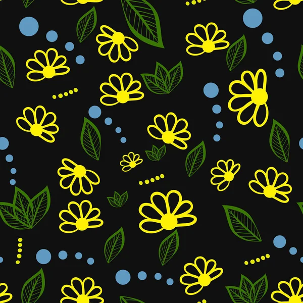 Blumen Und Blütenblätter Auf Schwarzem Hintergrund Und Kleine Tupfen Nahtloses — Stockvektor