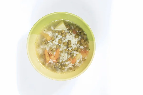 Sopa Ervilha Com Legumes Caseiros Branco Uma Placa Verde — Fotografia de Stock