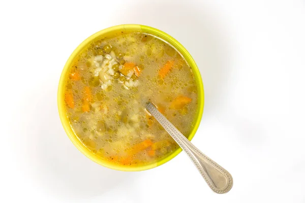 Sopa Ervilha Com Legumes Caseiros Branco Uma Placa Verde — Fotografia de Stock