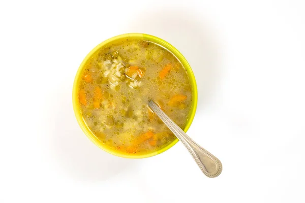 Sup Kacang Polong Dengan Sayuran Buatan Sendiri Atas Putih Dalam — Stok Foto
