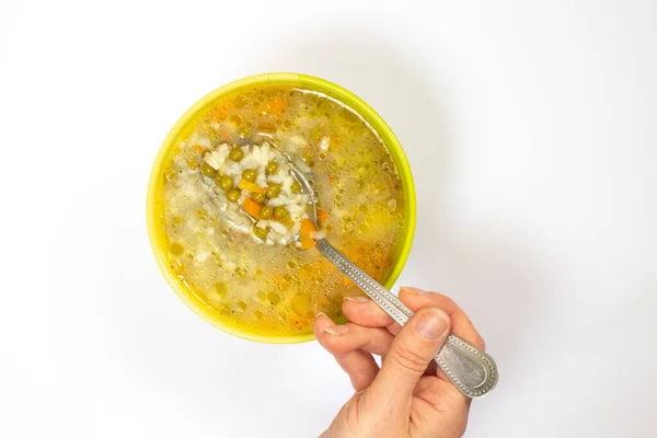 Sup Kacang Polong Dengan Sayuran Buatan Sendiri Atas Putih Dalam — Stok Foto