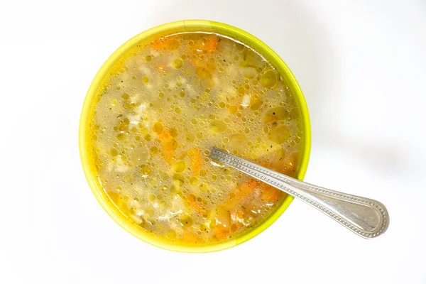 Sopa Ervilha Com Legumes Caseiros Branco Uma Placa Verde — Fotografia de Stock