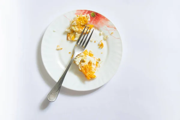 Fried Egg Plates Fork Leftover Food Isolated Background — Stock Photo, Image
