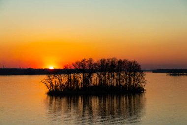 Dinyeper nehrinin kıyısında gün batımı Ukrayna 'nın Dinyeper şehirlerindeki ağaçların arasında.