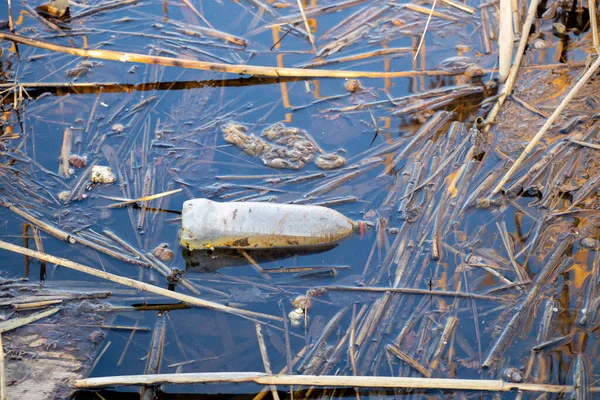 Botella Plástico Flota Agua Del Río Primavera —  Fotos de Stock