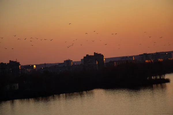 Sonnenuntergang Über Der Dnjepr Stadt Der Ukraine Abend — Stockfoto