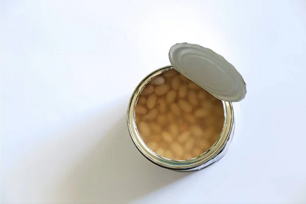 Open Can Canned Beans White Top View Close — Stock Photo, Image