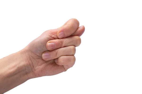 Θηλυκό Χέρι Είναι Στριμμένα Ένα Βαρέλι Λευκό Φόντο — Φωτογραφία Αρχείου