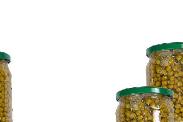 Canned Glass Jar Green Peas Close — Stock Photo, Image