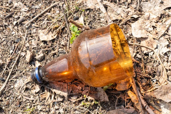 プラスチック製のボトルが芝生の上に置かれ — ストック写真