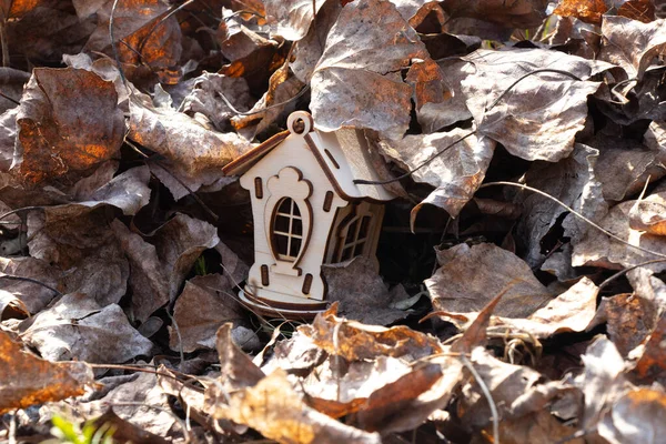 Mały Drewniany Dom Stoi Suchych Liściach — Zdjęcie stockowe