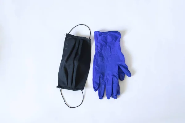 Black Medical Homemade Mask Blue Gloves White — Stock Photo, Image