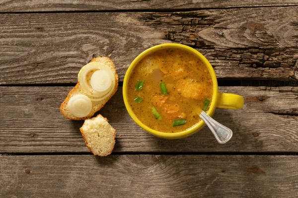 Tazza Zuppa Pane Caldo Fatto Casa Vista Dall Alto Verso — Foto Stock