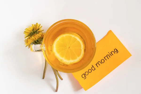 Uma Xícara Chá Com Dentes Limão Palavras Inglês Bom Dia — Fotografia de Stock