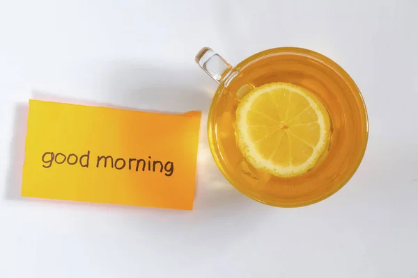 Uma Xícara Chá Com Dentes Limão Palavras Inglês Bom Dia — Fotografia de Stock