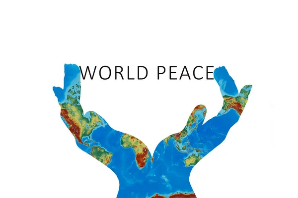 Frauenhände Mit Überlagerungstextur Einer Weltkarte Und Den Wörtern Der Englischen — Stockfoto