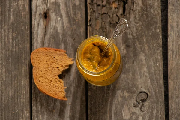 Mustard Sauce Glass Jar Next Piece Bread — Stock Photo, Image