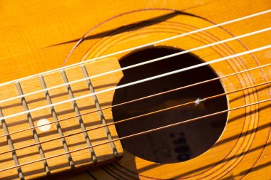 Tahta kahverengi gitar ilkbaharda güneşte çimlerin üzerinde uzanıyor.