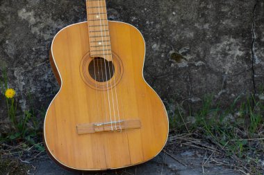 Ahşap kahverengi gitar, baharda çimlerin üzerinde taş bir yolda yatıyor.