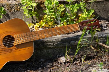 Ahşap kahverengi gitar Ukrayna 'nın bahar çimenlerinde, sokakta taş bir yolda yatıyor.