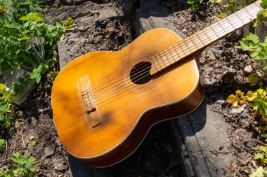 Ahşap kahverengi gitar Ukrayna 'nın bahar çimenlerinde, sokakta taş bir yolda yatıyor.