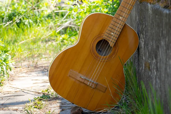 Wooden Brown Guitar Lies Stone Road Street Spring Grass — Stock Photo, Image