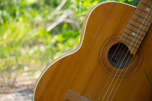 Wooden Brown Guitar Lies Stone Road Street Spring Grass — Stock Photo, Image