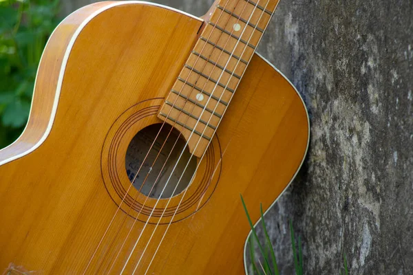 Wooden Brown Guitar Lies Stone Road Street Spring Grass — Stock Photo, Image