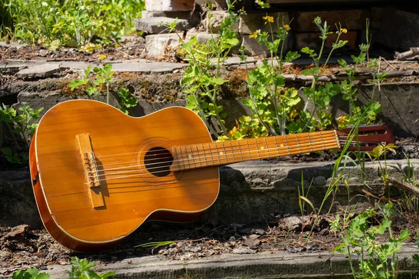 Wooden Brown Guitar Lies Stone Road Street Spring Grass — Stock Photo, Image