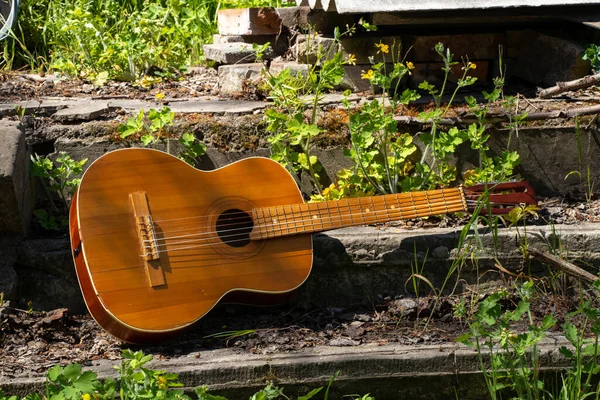 Wooden Brown Guitar Lies Stone Road Street Spring Grass Ukraine — Stock Photo, Image