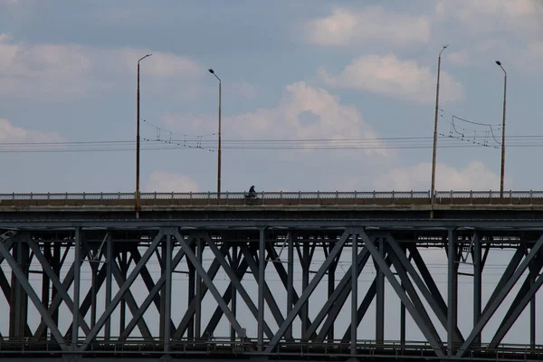 Kétszintes Híd Dnyeper Folyó Felett Vasút Autó Ukrajnában Dnyeper Városaihoz — Stock Fotó