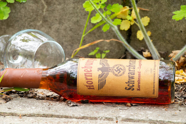 Ukraine, Dnipro - April 06, 2020. horneburger 1939 whiskey of the third reich found in the cellar lies street