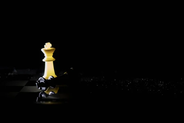 Chess Pieces Chessboard Dark Room Illuminated Lantern — Stock Photo, Image