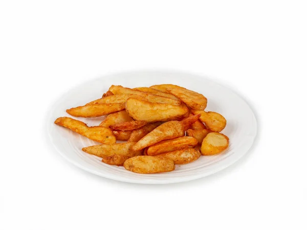 Portion Pommes Frites Tallrik Rustik Stil Krispig Snabbmat Närbild Isolat — Stockfoto