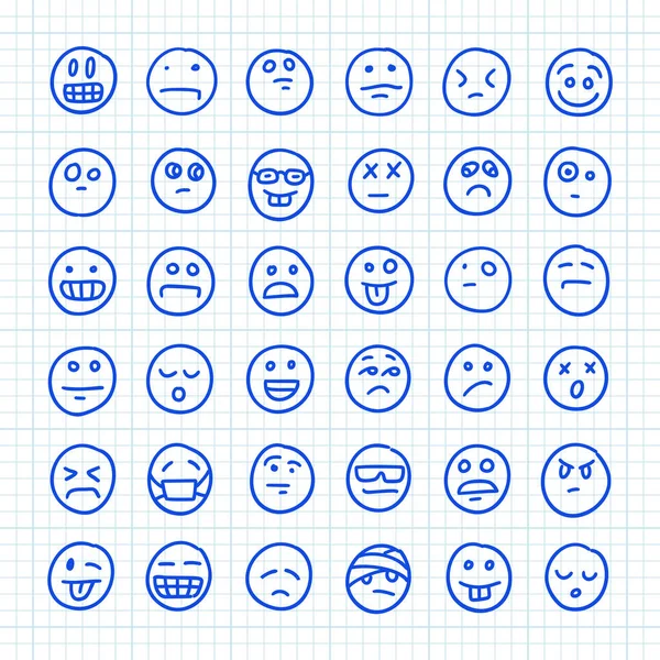 Zestaw ikon Emoji narysowanych ręcznie na kwadratowym papierze: Część 01 — Wektor stockowy