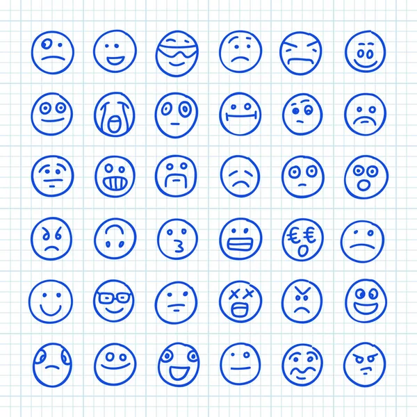 Un conjunto de iconos emoji dibujados a mano sobre papel cuadrado: Parte 02 — Vector de stock