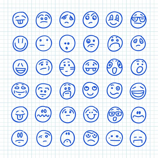 Zestaw ikon Emoji narysowanych ręcznie na kwadratowym papierze: Część 04 — Wektor stockowy