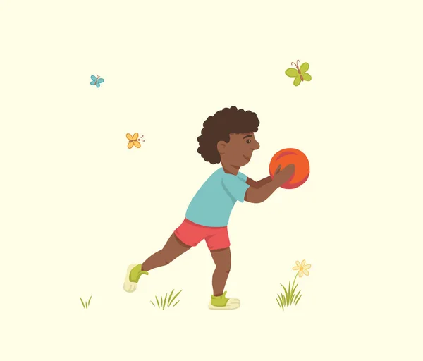 Ein Afroamerikanischer Junge Mit Einem Basketballball Der Hand Spielt Draußen — Stockvektor