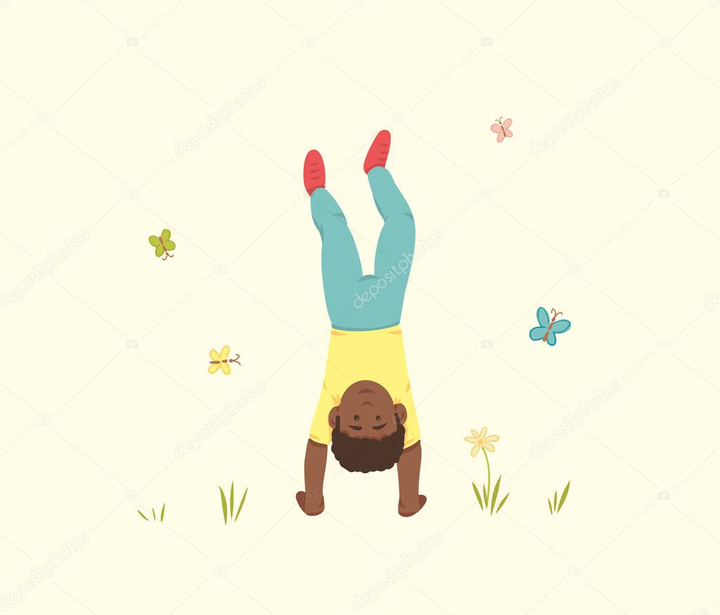 Happy African American Boy Standing on Hands with Joy. Vector Illustration.