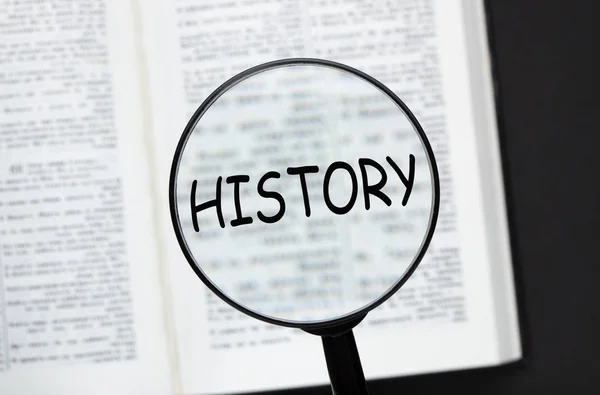 Word History Magnifying Glass Opened Book Black Background Royalty Free Stock Images